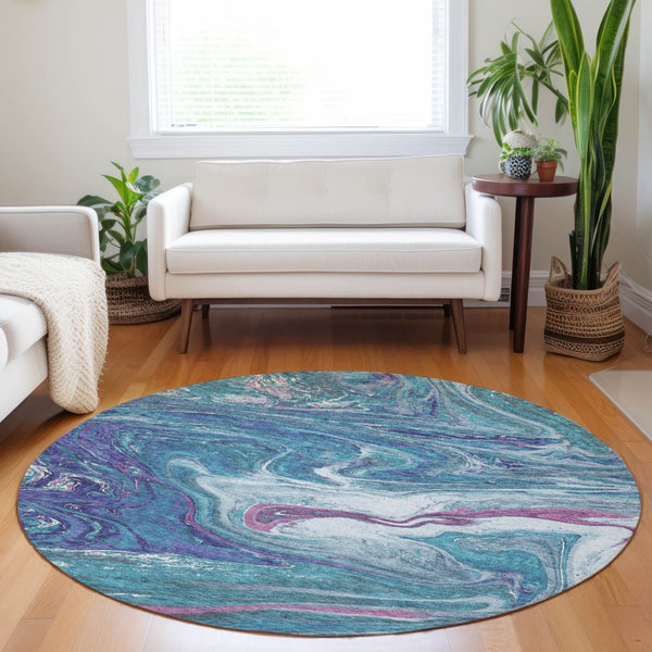 Homeroots 3' Beige Pink And Blue Abstract Washable Area Rug - Perfect For Indoor And Outdoor Spaces, Durable Design 8' Round Polyester 602679