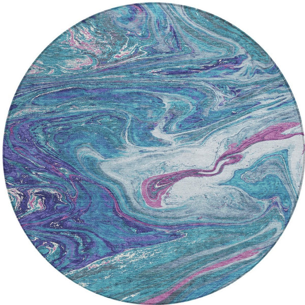 Homeroots 3' Beige Pink And Blue Abstract Washable Area Rug - Perfect For Indoor And Outdoor Spaces, Durable Design 8' Round Polyester 602679