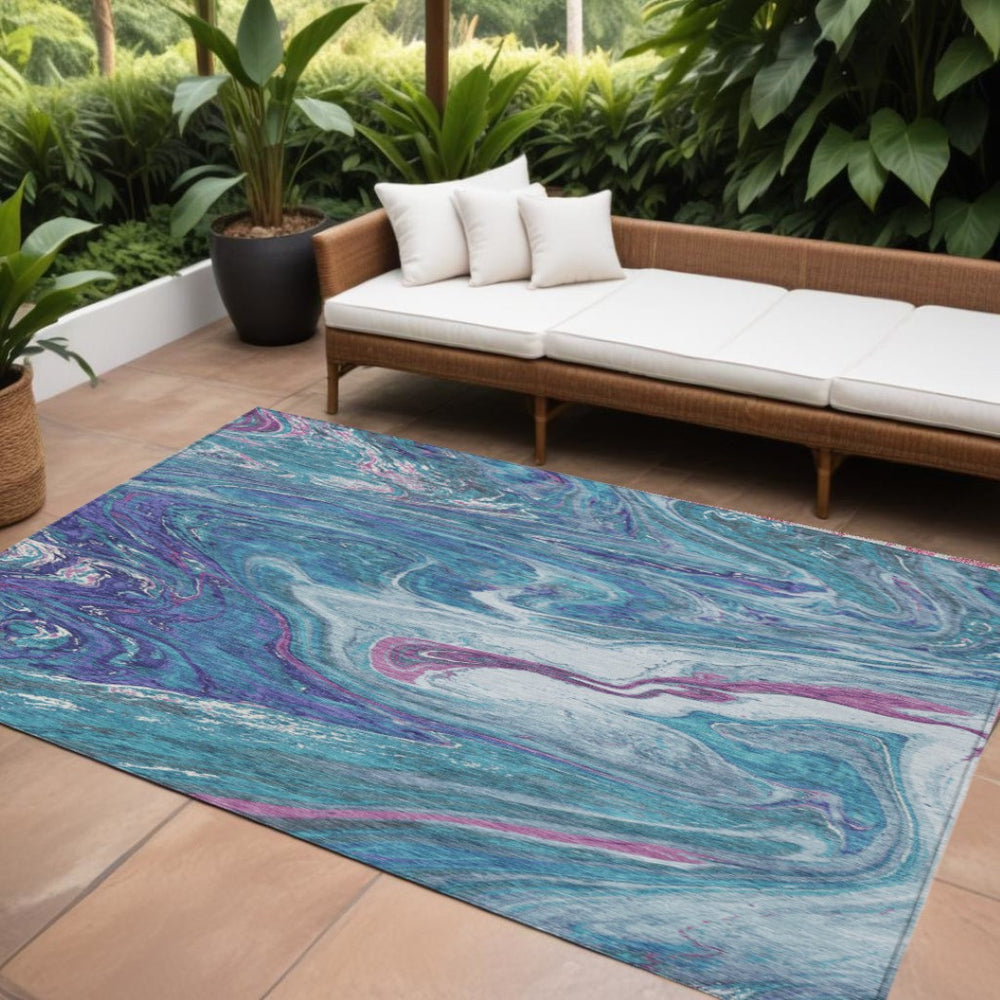 HomeRoots 9' X 12' Washable Abstract Area Rug in Teal, Blue, Purple & Pink – Versatile Indoor/Outdoor Comfort! 602681