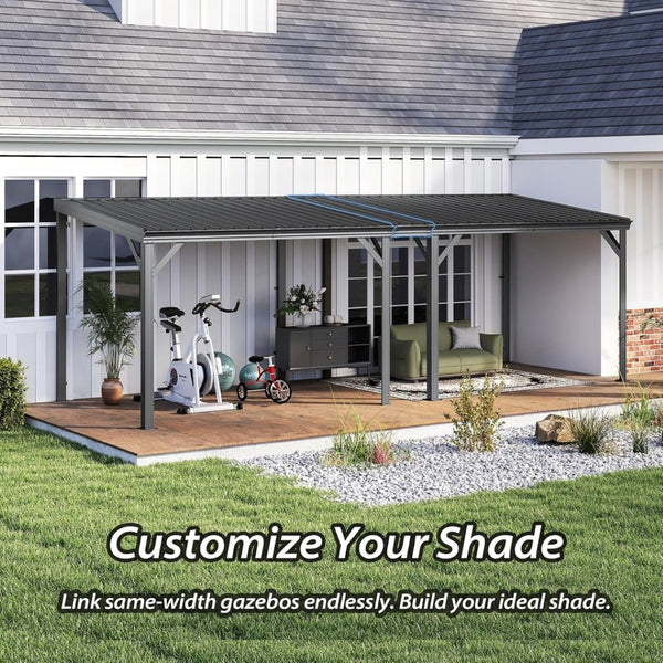 English Elm 10'x16' Wall Mounted Hardtop Gazebo Galvanized Steel Roof Patio Lean to Canopy Grey W1859S00223