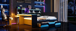English Elm Queen Gaming Bed Frame with Desk Led Lighting Storage Drawers and Bookcase Headboard Black+Blue LP000290AAC