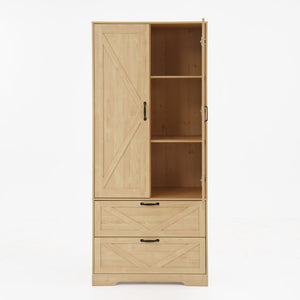 English Elm 2 Door Wardrobe Closet with Full Length Mirror Motion Light Hanging Rod and Drawers Natural W409P266780
