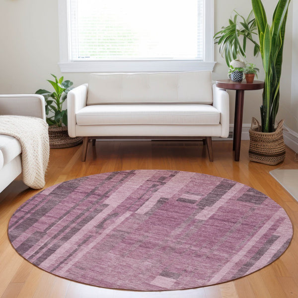 Homeroots 3' Blush And Brown Striped Washable Area Rug – Perfect For Indoor And Outdoor Spaces, Durable Design 8' Round Polyester 602757