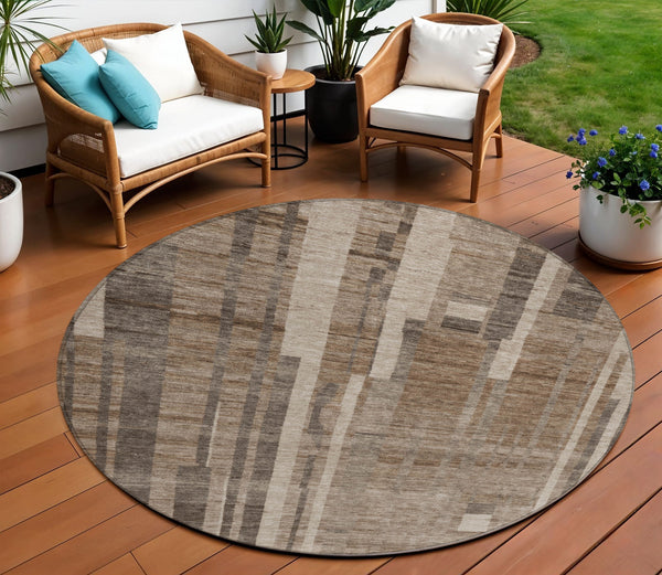 Homeroots 3' Blush And Brown Striped Washable Area Rug – Perfect For Indoor And Outdoor Spaces, Durable Design 8' Round Polyester 602763