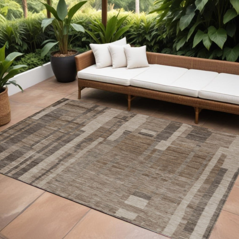 HomeRoots 9' Brown and Beige Striped Washable Area Rug - Durable, Stylish Design for Indoor & Outdoor Spaces 602765