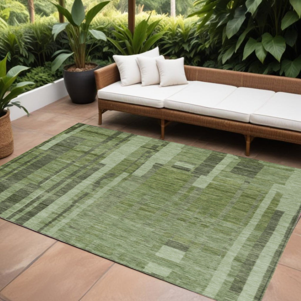 HomeRoots 9' X 12' Stylish Green and Gray Striped Washable Area Rug for Indoor & Outdoor High-Traffic Use 602777