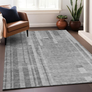 HomeRoots 5' Stylish Gray and Silver Striped Washable Rug - Perfect for Indoor and Outdoor High-Traffic Areas 10' X 14' 602790