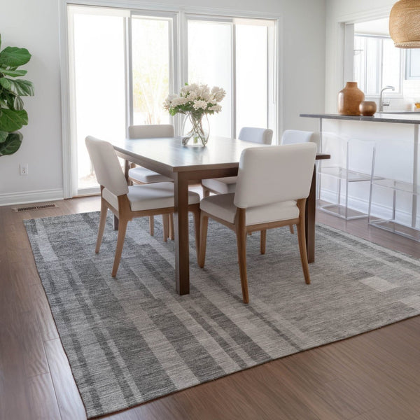 HomeRoots 5' Stylish Gray and Silver Striped Washable Rug - Perfect for Indoor and Outdoor High-Traffic Areas 10' X 14' 602790