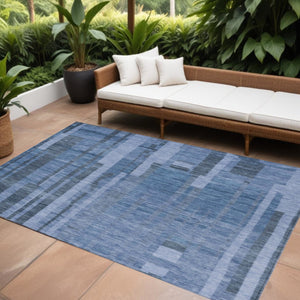 HomeRoots 5' Navy Blue and Gray Striped Indoor Outdoor Area Rug - Durable, Washable, and Versatile for Any Space 10' X 14' 602796