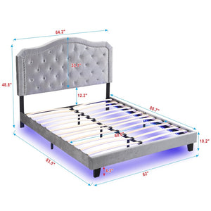 English Elm Upholstered Queen Platform Bed Grey Velvet Tufted Curved Headboard with Led Lighting W311P228694
