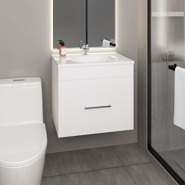 English Elm One Blanco Kronos Bath Vanity Hatta with One Door, Two Drawers & Open Shelf — Compact White MDF Storage Elegance B200P313683