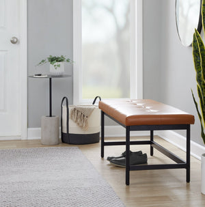 English Elm Bench Upholstered in Faux Leather with Powder Coated Frame for Bedroom or Entryway Black,Camel B202S02135