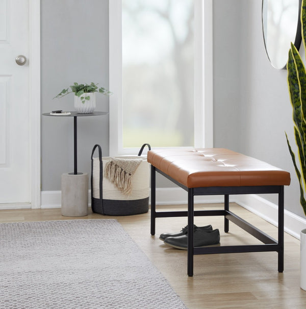 English Elm Bench Upholstered in Faux Leather with Powder Coated Frame for Bedroom or Entryway Black,Camel B202S02135