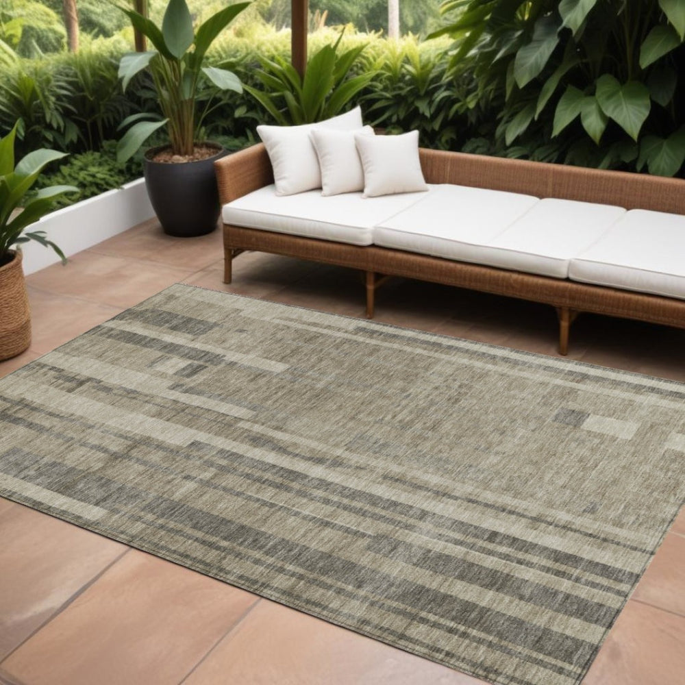 HomeRoots 5' Durable Taupe and Dark Gray Striped Area Rug – Stylish, Washable Design for Indoor and Outdoor Use 10' X 14' 602820