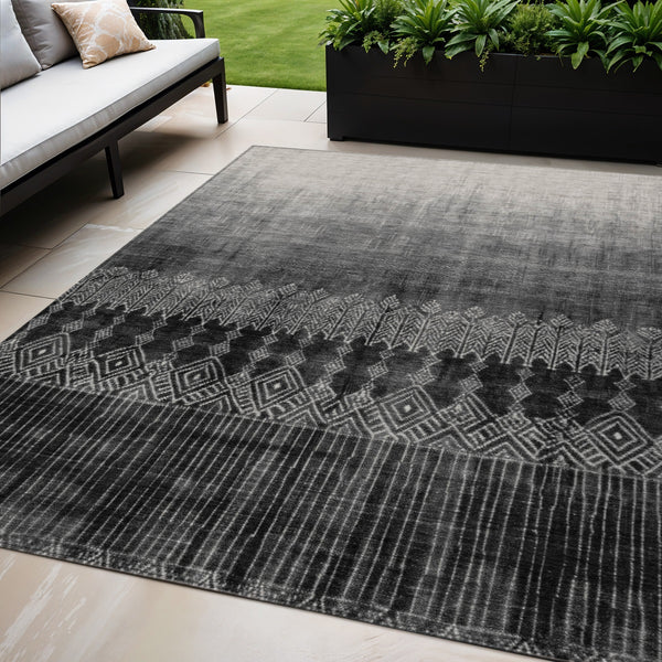 Homeroots 3' Transform Your Space With Black Ivory And Gray Ombre Washable Indoor Outdoor Area Rug 5' X 8' Polyester 602822