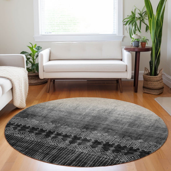 Homeroots 3' Transform Your Space With Black Ivory And Gray Ombre Washable Indoor Outdoor Area Rug 8' Round Polyester 602823