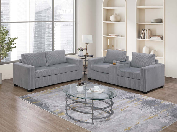 English Elm Elegant Wide-Welt Corduroy 2-Piece Sofa Set with Console Charging Station, Cup Holders, Loveseat Light Gray 33 L x 23 W x 36 H B011S01743