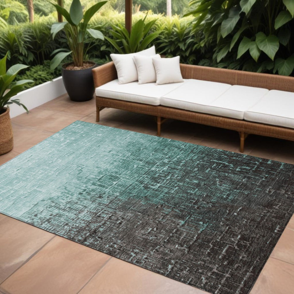 HomeRoots 5' Teal Blue and Dark Gray Ombre Area Rug – Stylish, Durable, Washable for Indoor and Outdoor Use 10' X 14' 602904