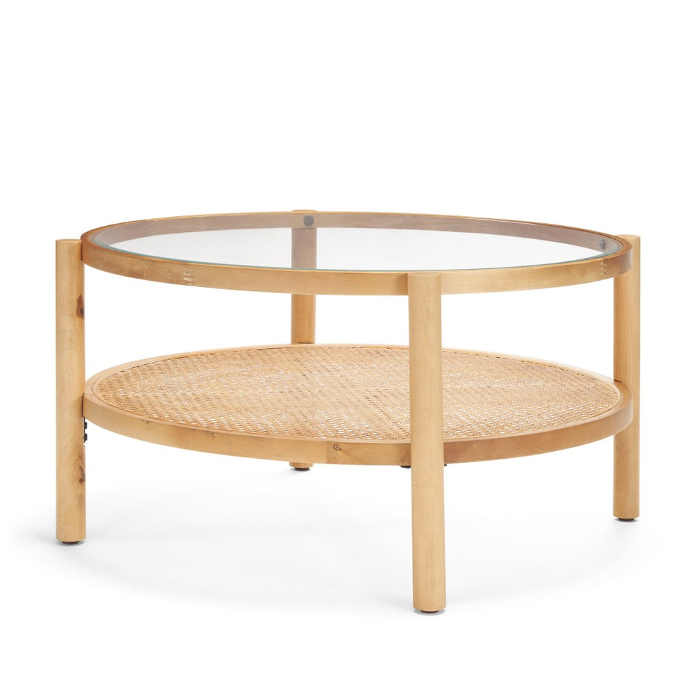 HomeRoots 34" Clear Glass Round Coffee Table with Solid Wood Frame and Cane Rattan Shelf for Modern Spaces 602913