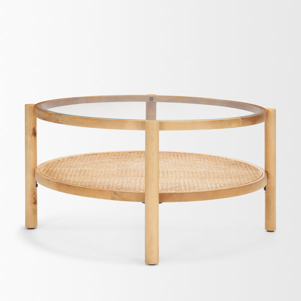 Homeroots 34" Clear And Natural Glass Round Coffee Table With Solid Wood Frame & Stylish Cane Shelf Storage   602913