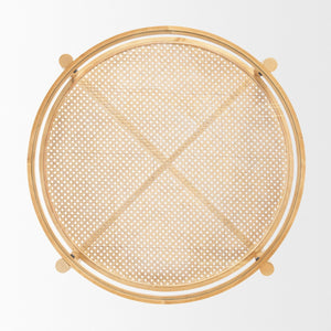 Homeroots 34" Clear And Natural Glass Round Coffee Table With Solid Wood Frame & Stylish Cane Shelf Storage   602913