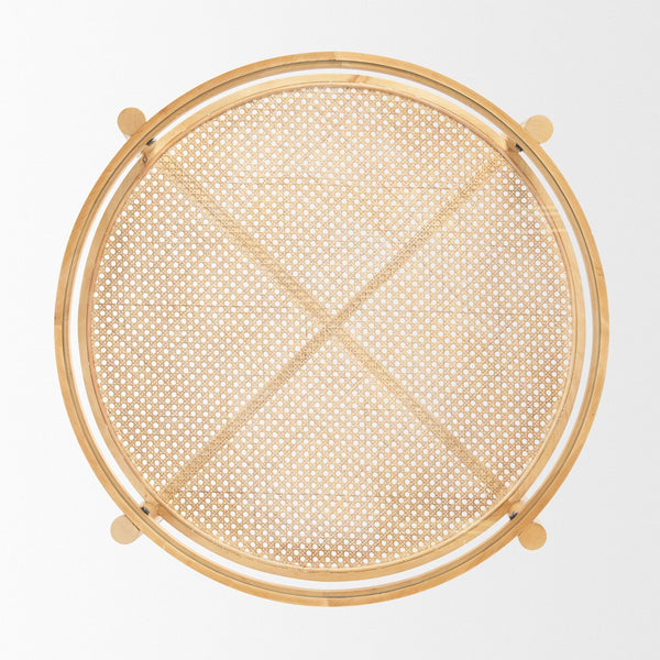 Homeroots 34" Clear And Natural Glass Round Coffee Table With Solid Wood Frame & Stylish Cane Shelf Storage   602913