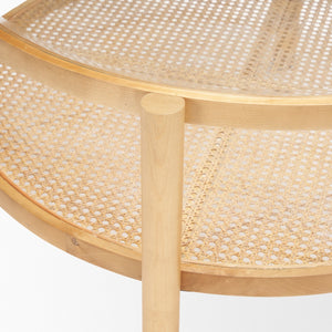 Homeroots 34" Clear And Natural Glass Round Coffee Table With Solid Wood Frame & Stylish Cane Shelf Storage   602913