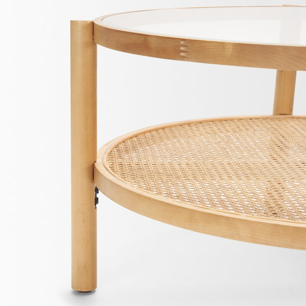 Homeroots 34" Clear And Natural Glass Round Coffee Table With Solid Wood Frame & Stylish Cane Shelf Storage   602913