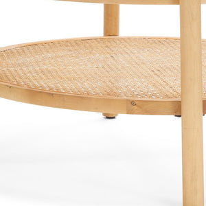 Homeroots 34" Clear And Natural Glass Round Coffee Table With Solid Wood Frame & Stylish Cane Shelf Storage   602913