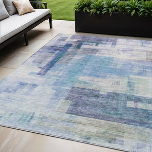 HomeRoots 5' Modern Blue Ivory Gray Abstract Washable Area Rug for Indoor Outdoor Durability and Style 5' X 8' 602915