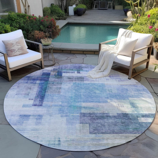 HomeRoots 5' Modern Blue Ivory Gray Abstract Washable Area Rug for Indoor Outdoor Durability and Style 8' Round 602916