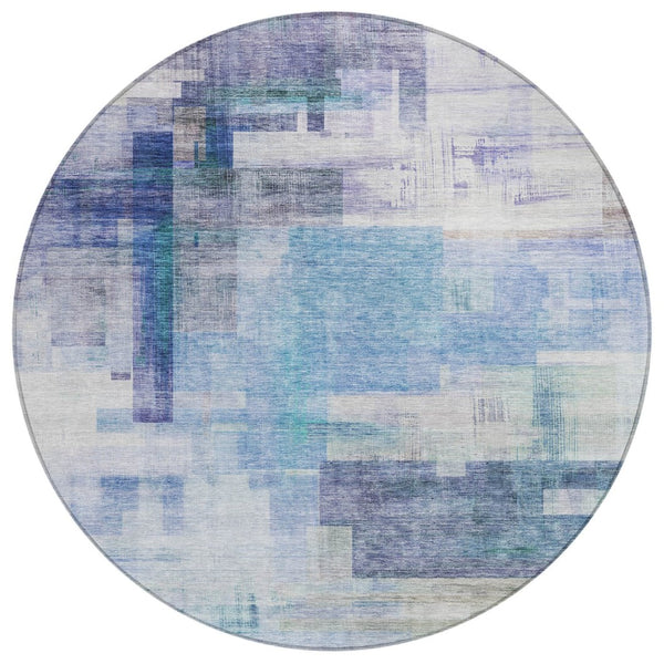 HomeRoots 5' Modern Blue Ivory Gray Abstract Washable Area Rug for Indoor Outdoor Durability and Style 8' Round 602916