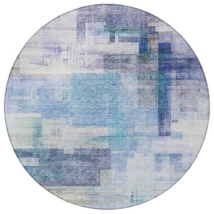 HomeRoots 5' Modern Blue Ivory Gray Abstract Washable Area Rug for Indoor Outdoor Durability and Style 8' Round 602916
