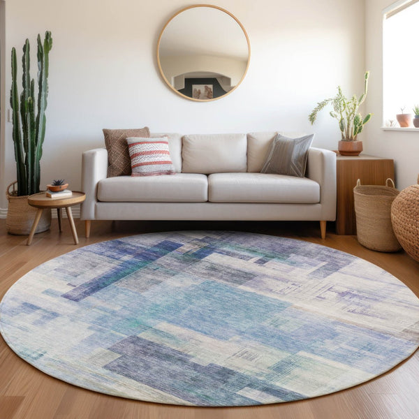 HomeRoots 5' Modern Blue Ivory Gray Abstract Washable Area Rug for Indoor Outdoor Durability and Style 8' Round 602916