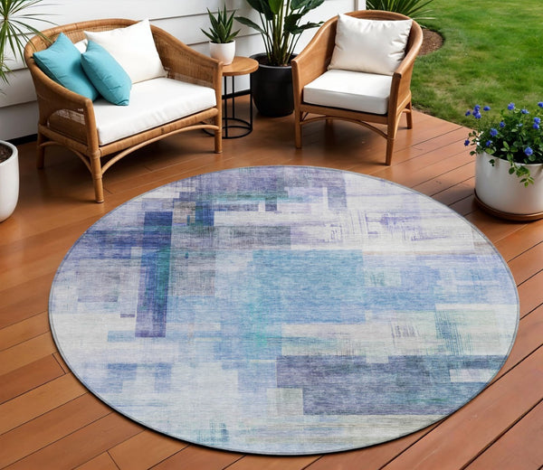 HomeRoots 5' Modern Blue Ivory Gray Abstract Washable Area Rug for Indoor Outdoor Durability and Style 8' Round 602916