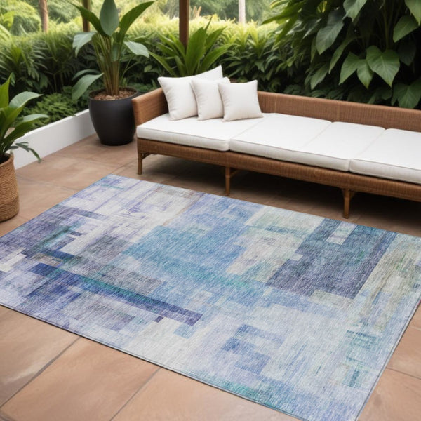 HomeRoots 5' Modern Blue Ivory Gray Abstract Washable Area Rug for Indoor Outdoor Durability and Style 8' X 10' 602917