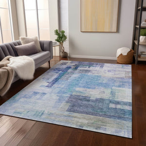 HomeRoots 5' Modern Blue Ivory Gray Abstract Washable Area Rug for Indoor Outdoor Durability and Style 8' X 10' 602917