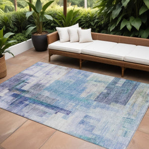 HomeRoots 5' Modern Blue Ivory Gray Abstract Washable Area Rug for Indoor Outdoor Durability and Style 10' X 14' 602919