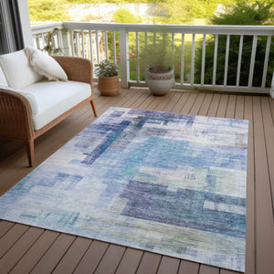 HomeRoots 5' Modern Blue Ivory Gray Abstract Washable Area Rug for Indoor Outdoor Durability and Style 10' X 14' 602919