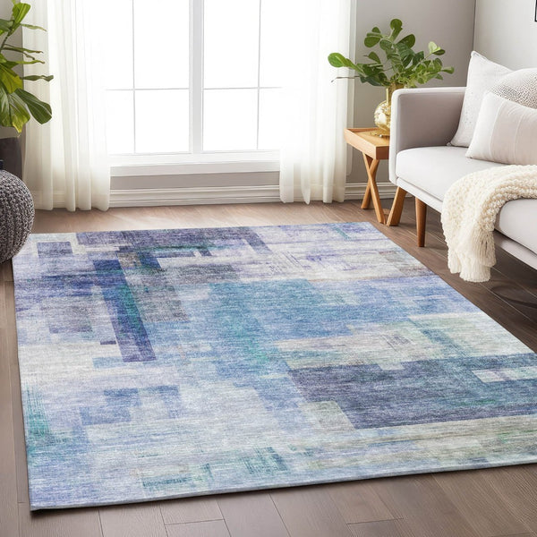 HomeRoots 5' Modern Blue Ivory Gray Abstract Washable Area Rug for Indoor Outdoor Durability and Style 10' X 14' 602919