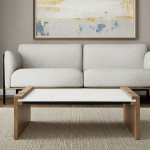 Homeroots 48" Stylish Natural And White Solid Wood Marble Coffee Table - Modern Design For Chic Interiors   602938