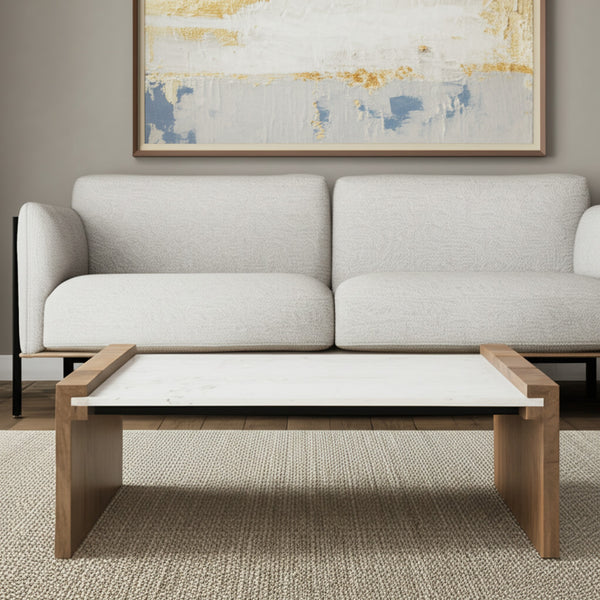 Homeroots 48" Stylish Natural And White Solid Wood Marble Coffee Table - Modern Design For Chic Interiors   602938