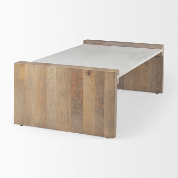 Homeroots 48" Stylish Natural And White Solid Wood Marble Coffee Table - Modern Design For Chic Interiors   602938