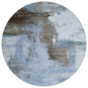 HomeRoots 5' Blue-Gray and Dark Brown Abstract Washable Indoor-Outdoor Area Rug for Stylish Durability 8' Round 602953