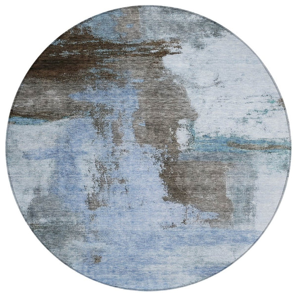 HomeRoots 5' Blue-Gray and Dark Brown Abstract Washable Indoor-Outdoor Area Rug for Stylish Durability 8' Round 602953