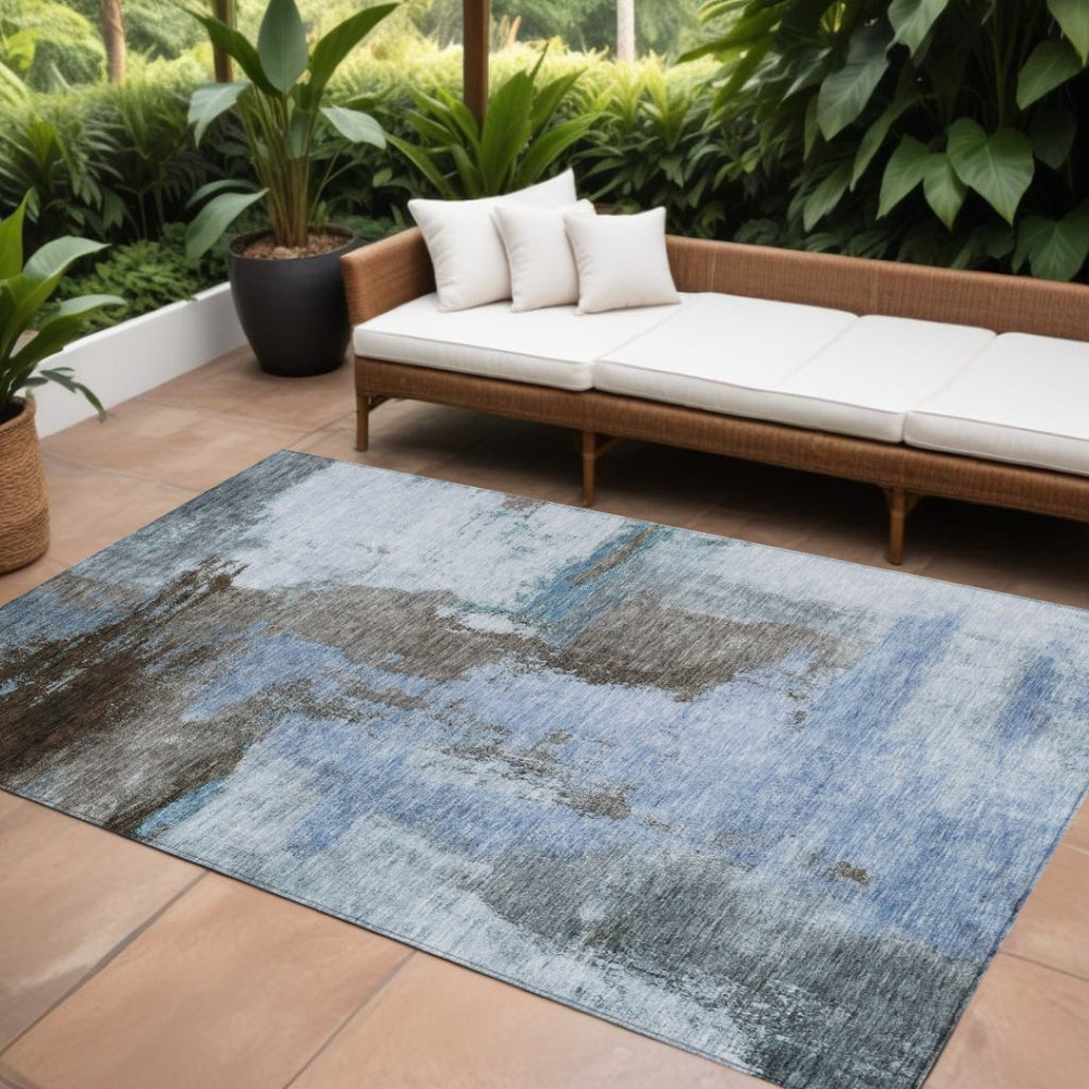 HomeRoots 9' Abstract Washable Indoor/Outdoor Area Rug in Blue Gray & Dark Brown – Stylish & Durable Design! 602955
