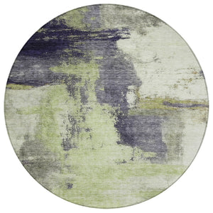 HomeRoots 5' Abstract Fern Green Gray and Black Washable Area Rug for Indoor and Outdoor Spaces, Durable Design 8' Round 602959