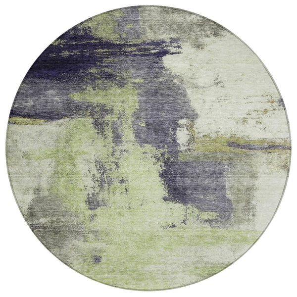 HomeRoots 5' Abstract Fern Green Gray and Black Washable Area Rug for Indoor and Outdoor Spaces, Durable Design 8' Round 602959