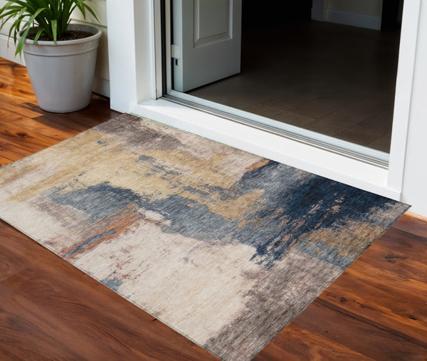 Homeroots 3' Brown & Light Yellow Abstract Rug – Stylish Washable Indoor/Outdoor Area Rug For Any Space 3' X 5' Polyester 602963