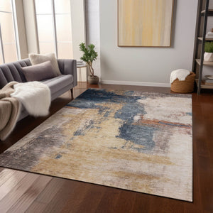 Homeroots 3' Brown & Light Yellow Abstract Rug – Stylish Washable Indoor/Outdoor Area Rug For Any Space 5' X 8' Polyester 602964